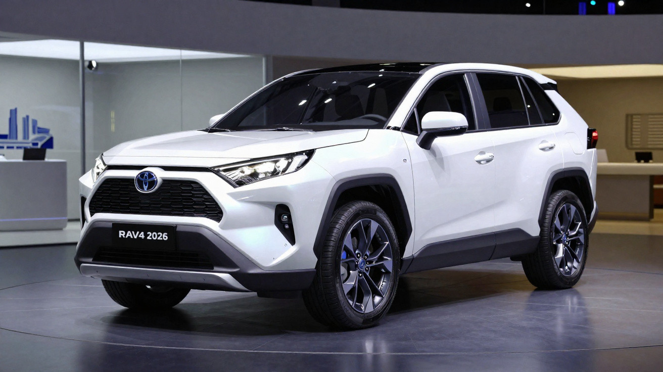 White 2026 Toyota RAV4 SUV displayed in a showroom with black roof and modern design details.