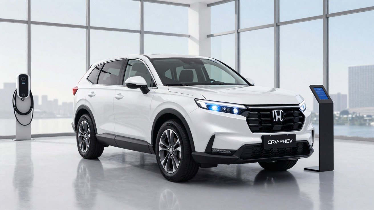 White Honda CR-V PHEV parked indoors near an electric vehicle charging station and digital display.
