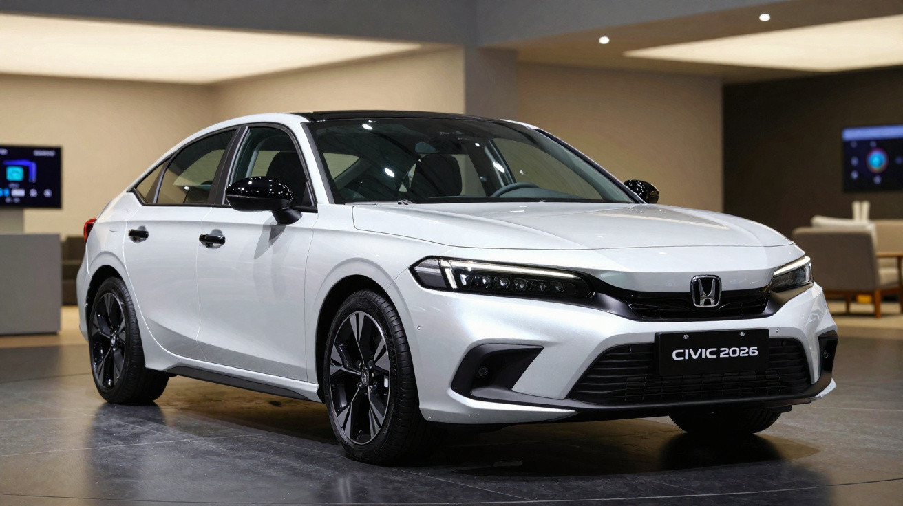 White 2026 Honda Civic sedan displayed indoors with sleek design and modern LED headlights.