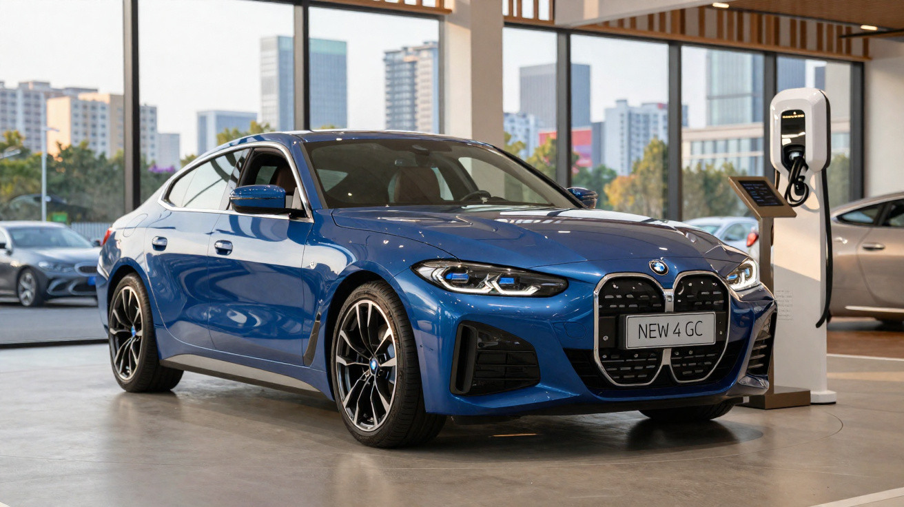 Blue BMW 4 Series Gran Coupe parked indoors next to an electric vehicle charging station.