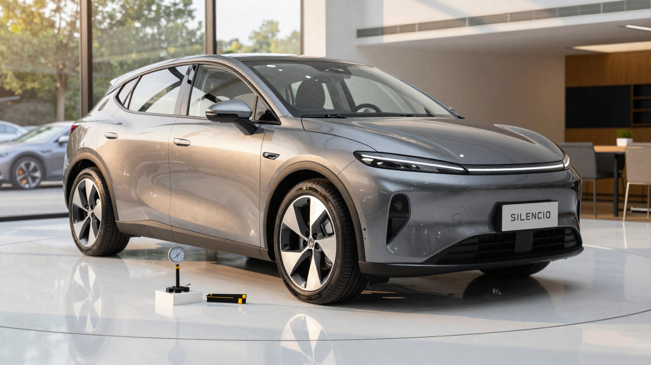 Silver Silencio electric car displayed indoors with modern design and sleek aerodynamic features.