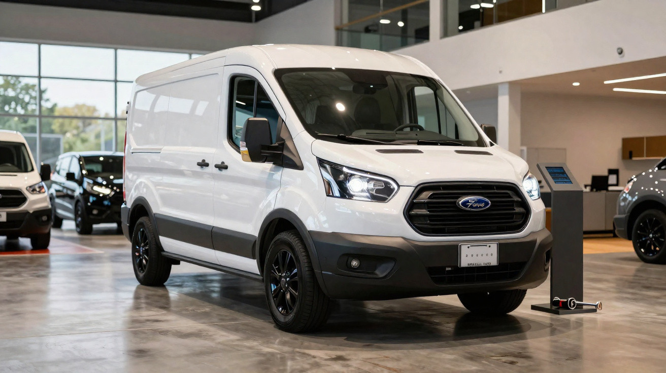 White Ford Transit van displayed indoors with black wheels and headlights on in a showroom.