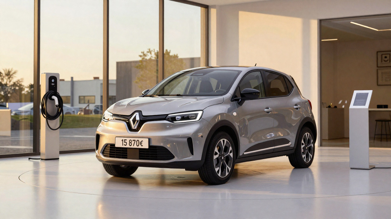 Silver Renault electric car displayed indoors near a charging station and information stand in a showroom.