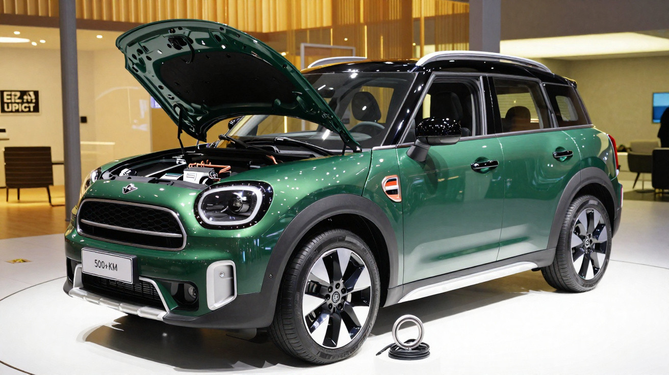 Green electric SUV with hood open displayed indoors on white platform with charging cable on floor.