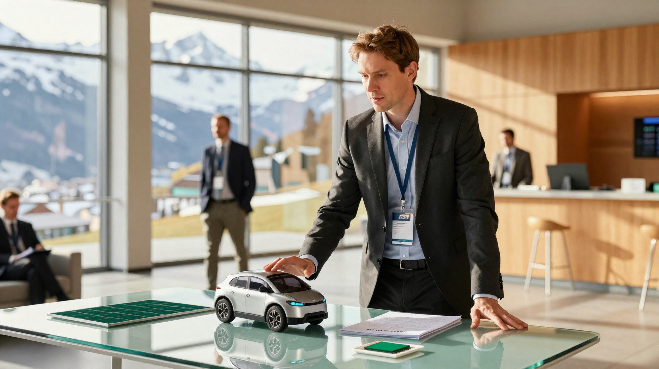 Businessman examining a small electric car model on a glass table in a modern office with mountain views.