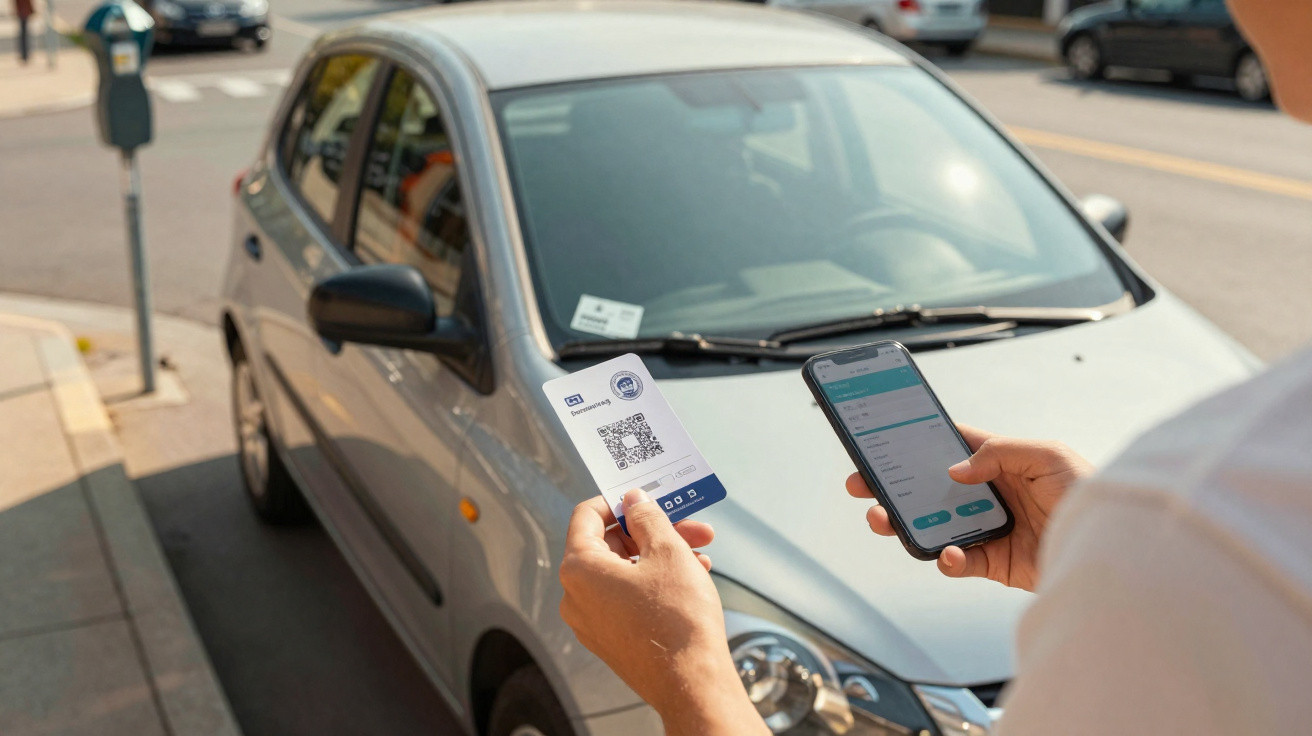 Person scanning a QR code on a parking permit card using a smartphone next to a silver car.