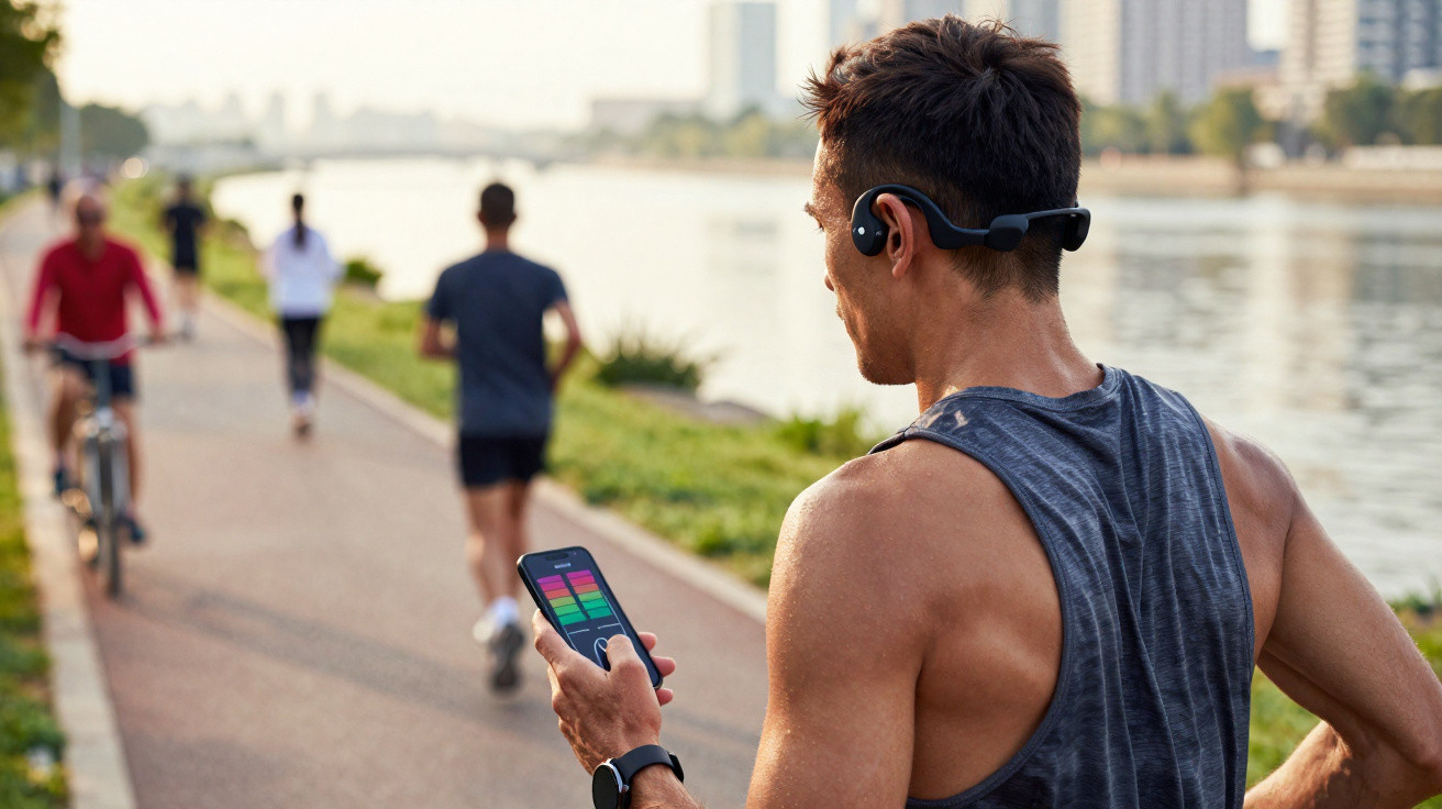 Man wearing wireless earphones checking fitness app on smartphone while jogging by a river path in a city park.