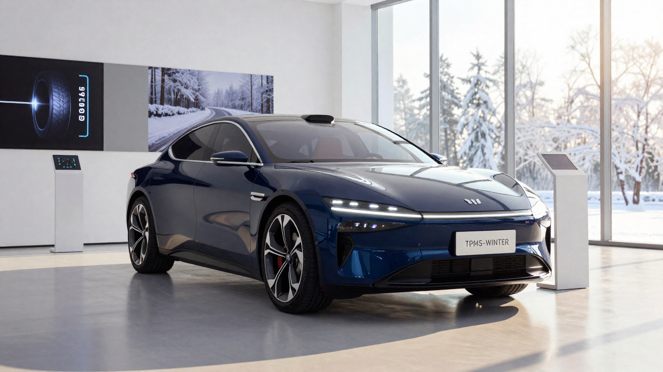 Dark blue electric sports car displayed indoors with snowy forest visible through large windows.