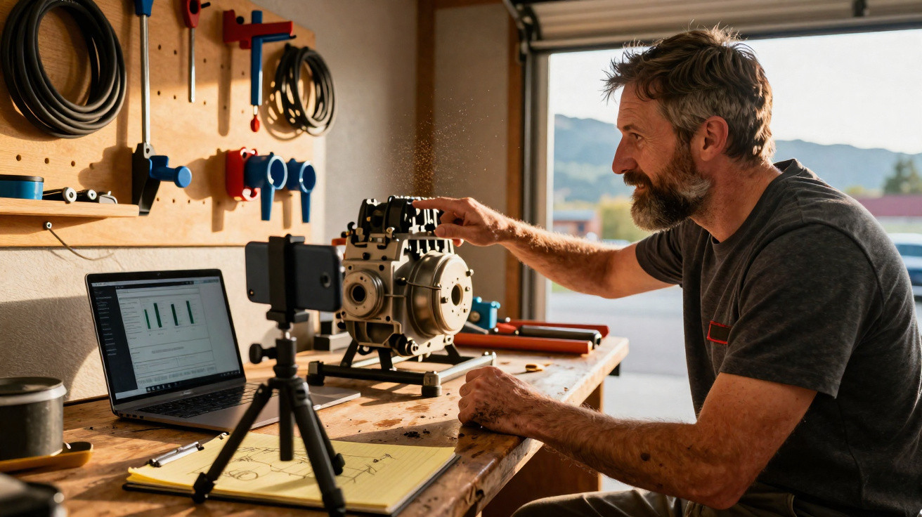 Man examining mechanical device on workbench with laptop, notebook, and smartphone on tripod in a workshop.