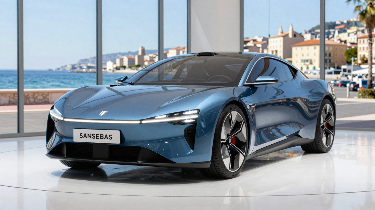 Blue Sansebas electric sports car displayed indoors with coastal town visible through large windows.
