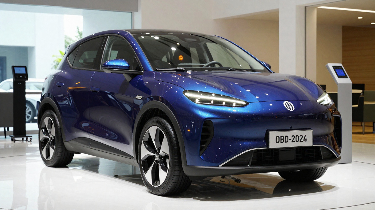 Blue modern electric SUV displayed in a showroom with sleek design and LED headlights
