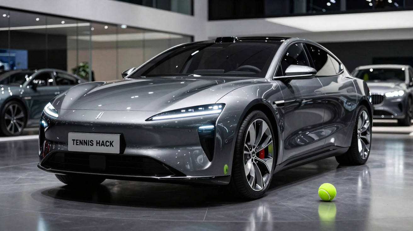 Sleek silver electric car with futuristic headlights and a tennis ball on the showroom floor in front of it.