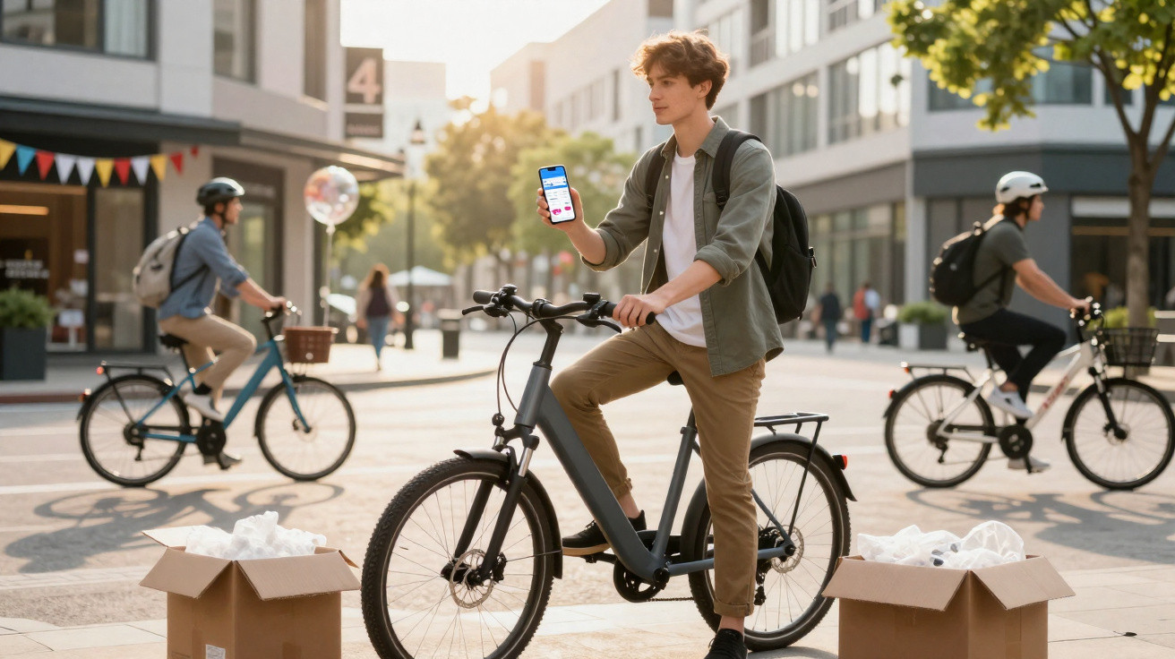Young man on electric bike showing phone screen in urban setting with other cyclists and cardboard boxes nearby