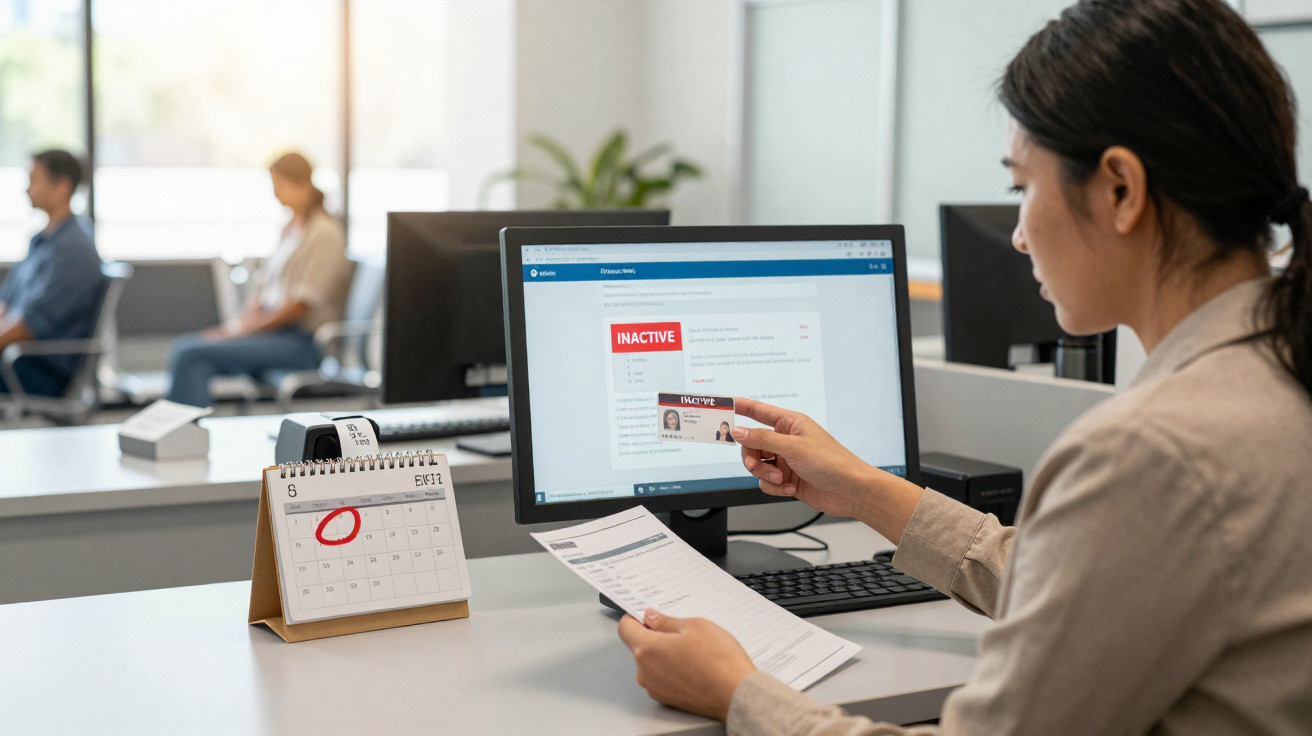 Woman at office desk reviewing documents and ID card with "Inactive" status on computer screen.