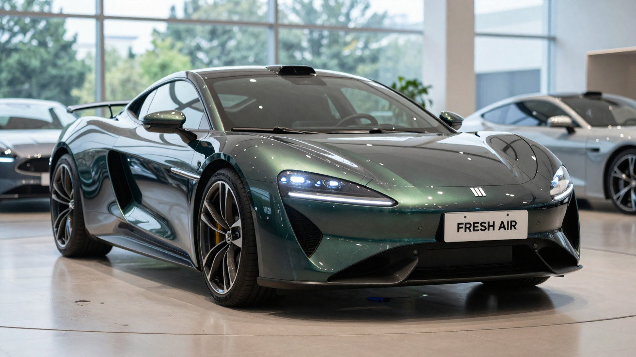 Dark green sleek sports car with illuminated headlights in a bright showroom next to other vehicles.