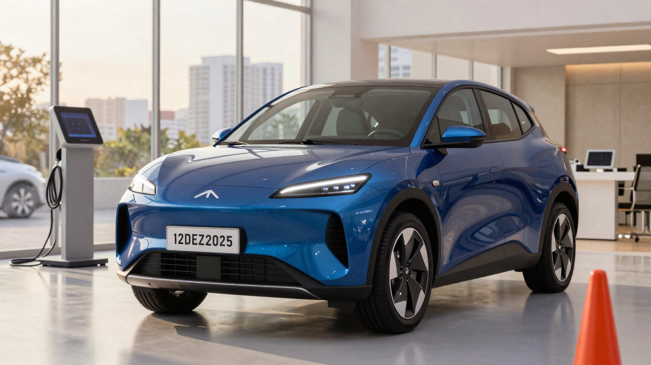 Blue electric car parked indoors near a charging station with city buildings visible through large windows.