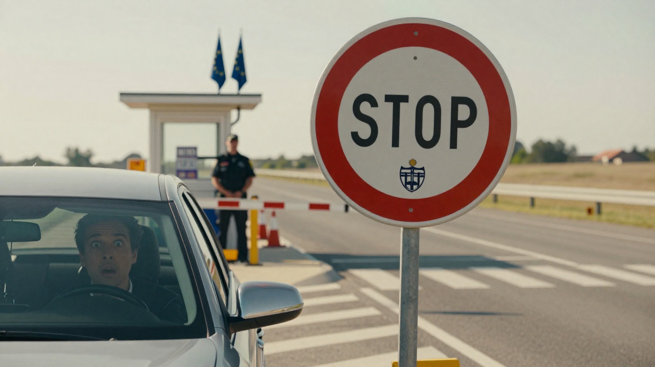 Car stopped at a border checkpoint with a large stop sign and a guard in the background.