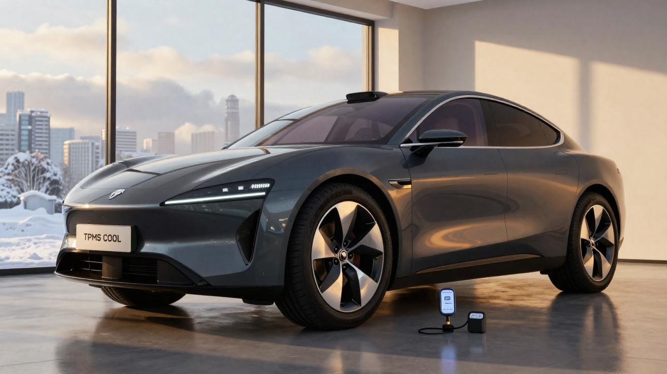 Sleek dark grey electric car parked indoors near large windows with snowy cityscape outside.