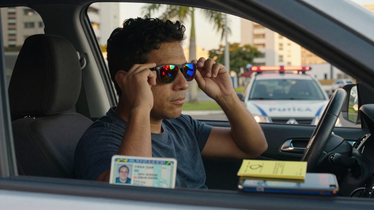 Man wearing sunglasses sits in car with police vehicle visible outside window.