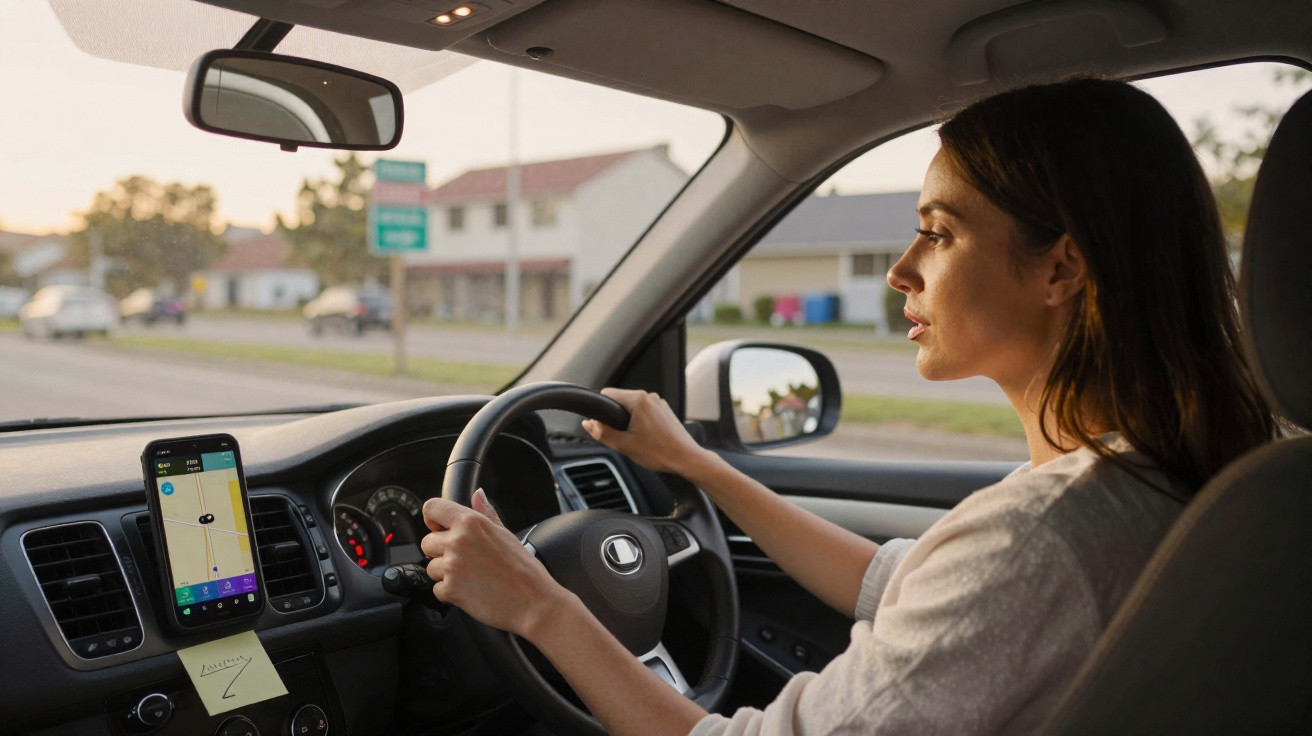 Woman driving a car following GPS navigation on smartphone mounted on the dashboard.