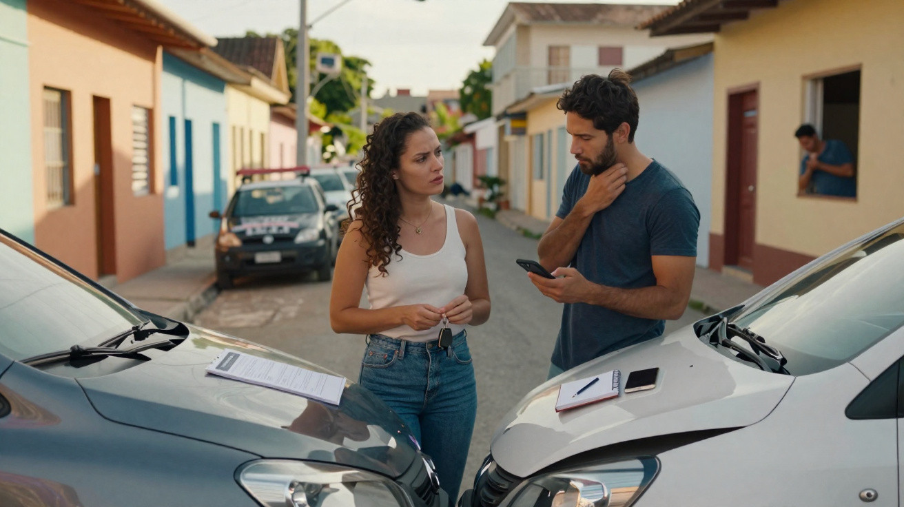 Man and woman discussing at the front of two cars after a minor accident on a residential street.