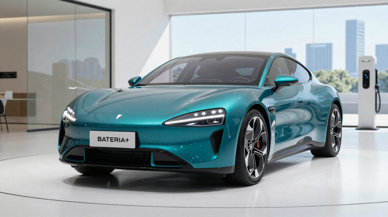 Sleek teal electric sports car with LED headlights displayed in a modern showroom with charging station.