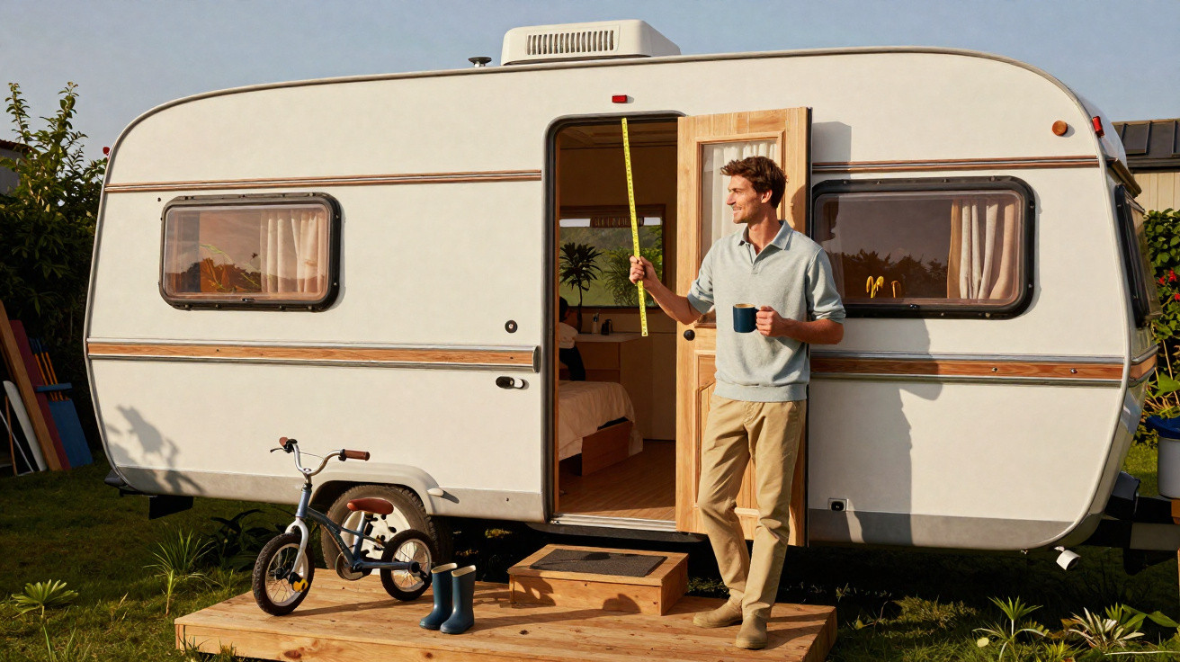 Man holding a measuring tape and a mug standing on wooden steps outside a white caravan on grass.