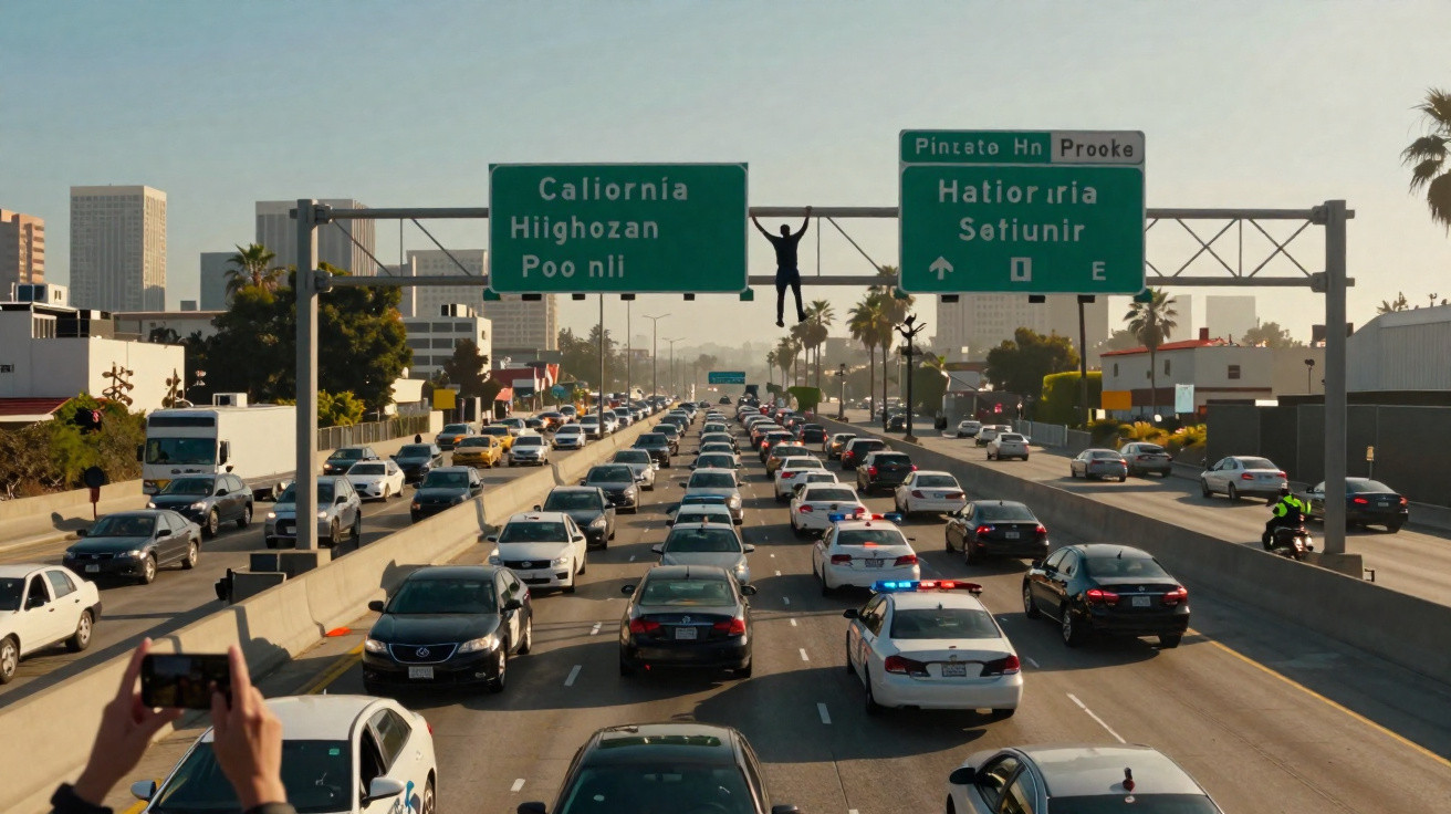 Traffic jam on a busy multi-lane highway with a person hanging from an overhead sign in a cityscape background.