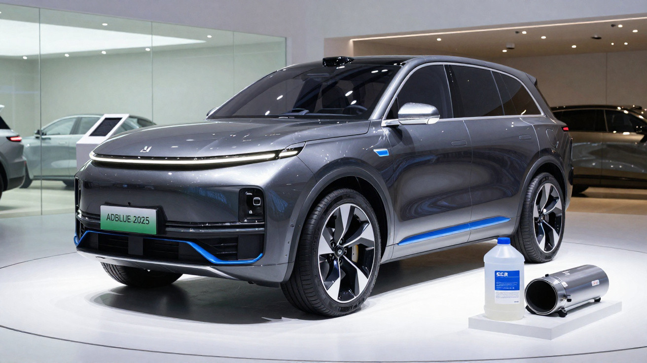 Sleek grey electric SUV displayed indoors with AdBlue 2025 label and two bottles on the floor beside it.