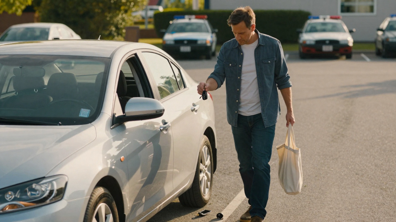 Man holding car keys looking at broken key fob on the ground next to a white car in a parking lot.