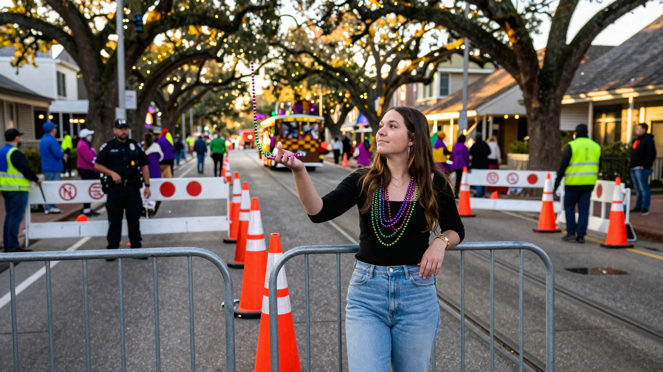 Young woman wearing colourful beads throws beaded necklaces during outdoor street parade with crowd, trees, and traffic cones