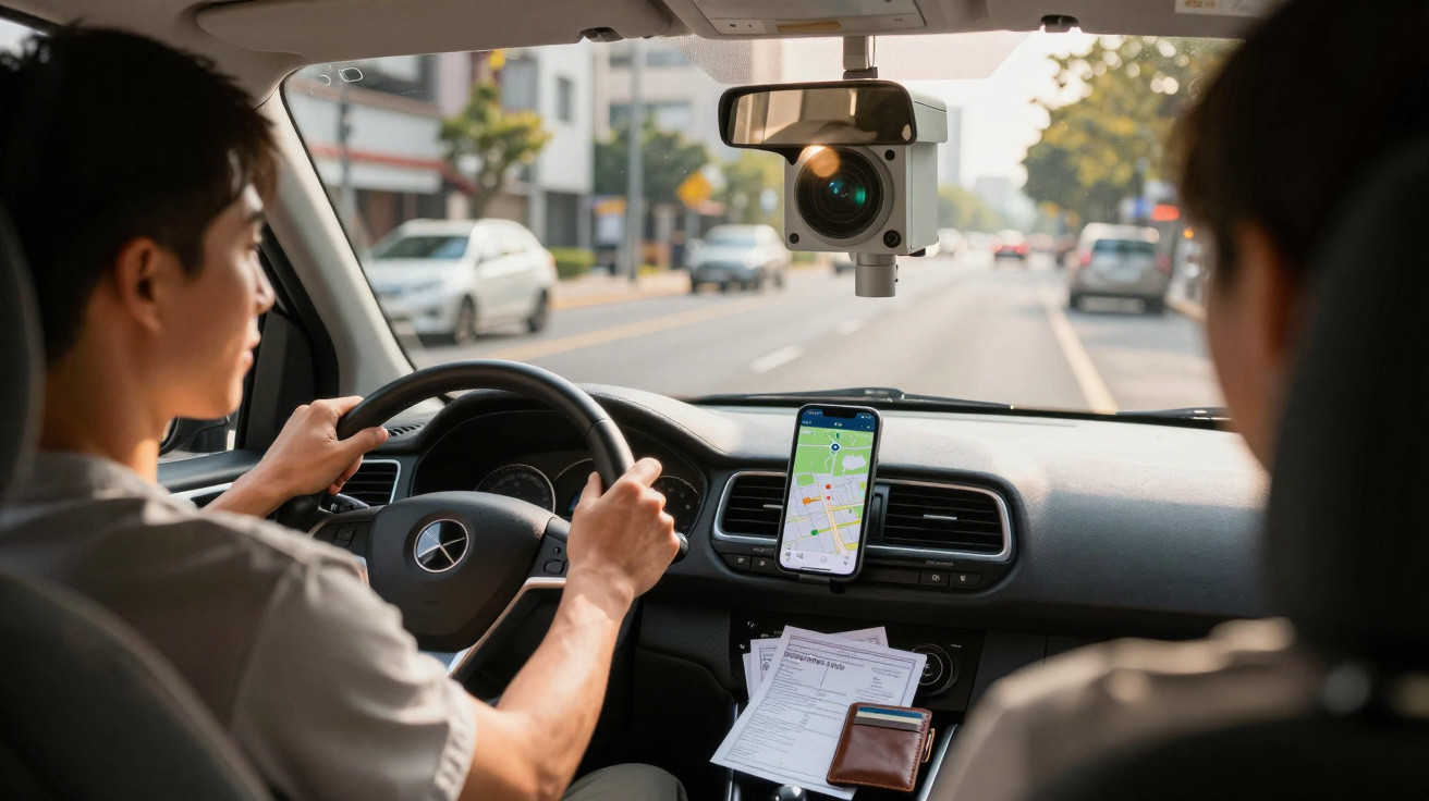 Two people inside a car with a smartphone mounted on the dashboard showing a navigation map.