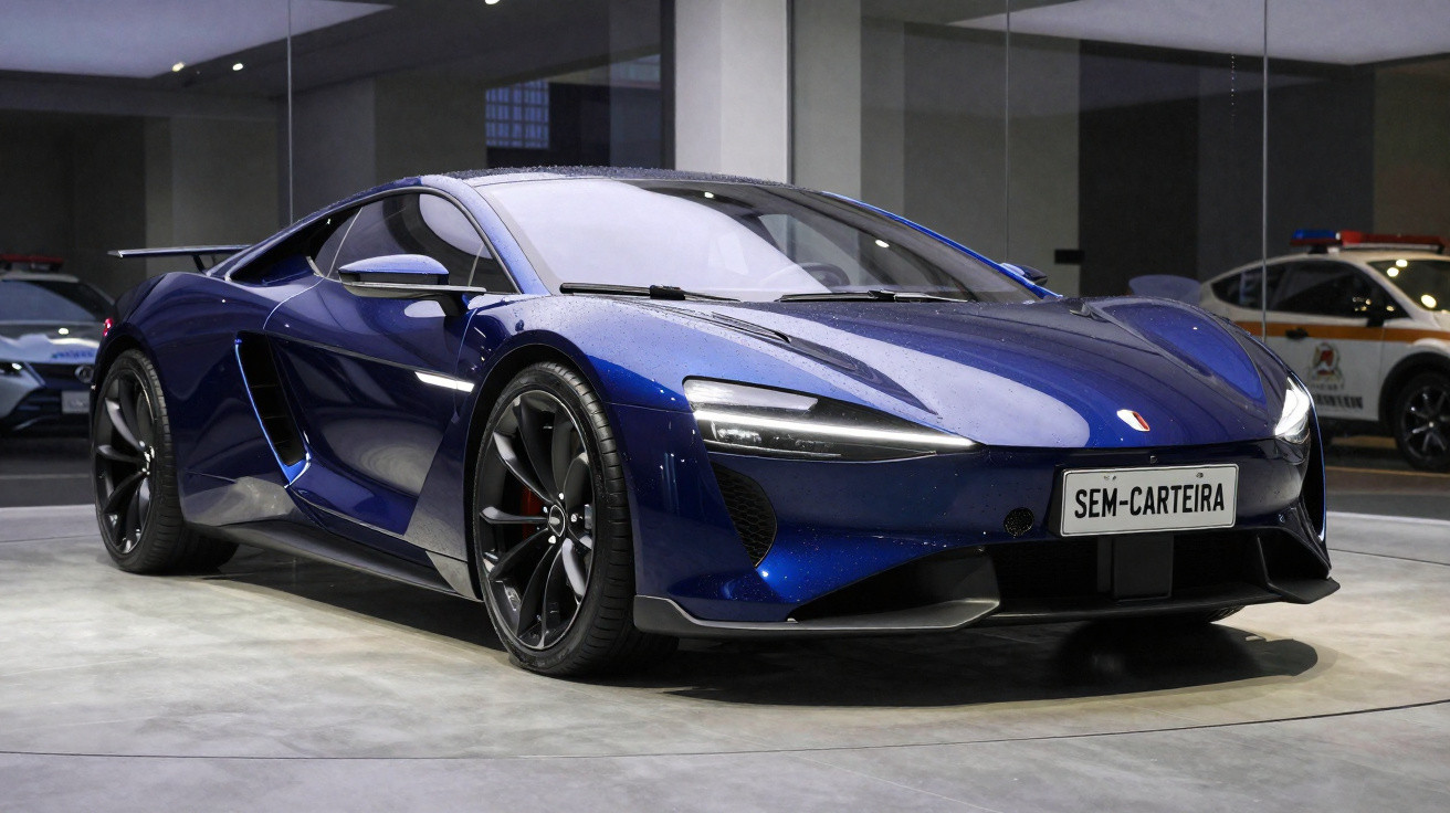 Sleek dark blue sports car with aerodynamic design and black alloy wheels parked indoors on a polished floor.