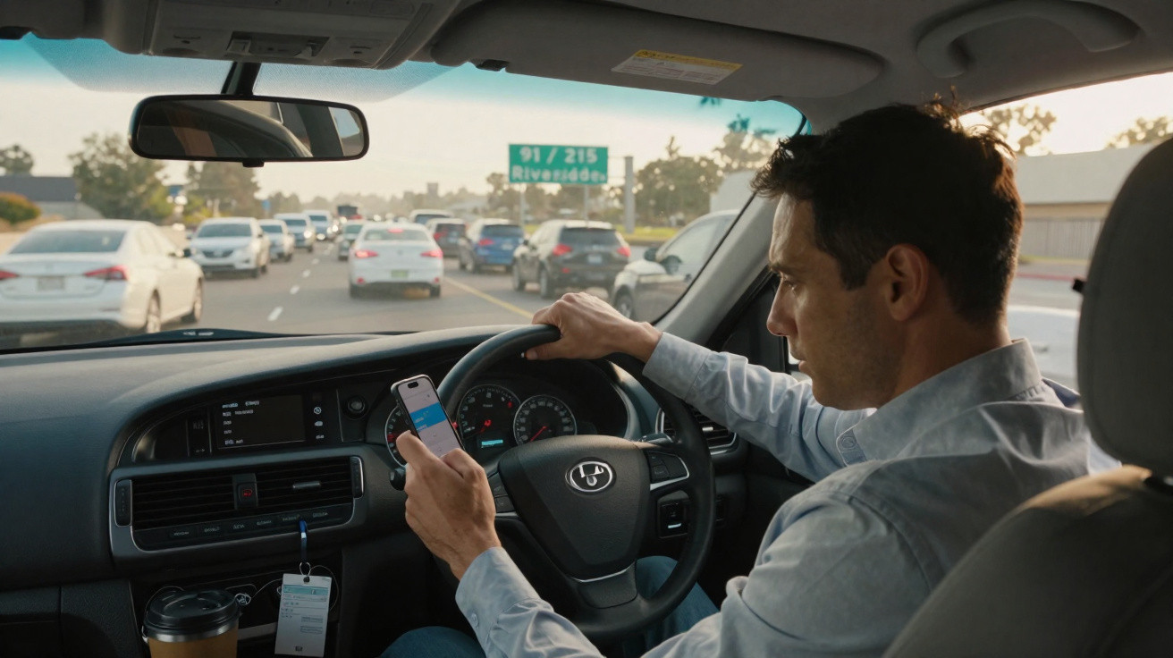 Man driving a car and looking at his phone while on a busy motorway near Riverside signs.