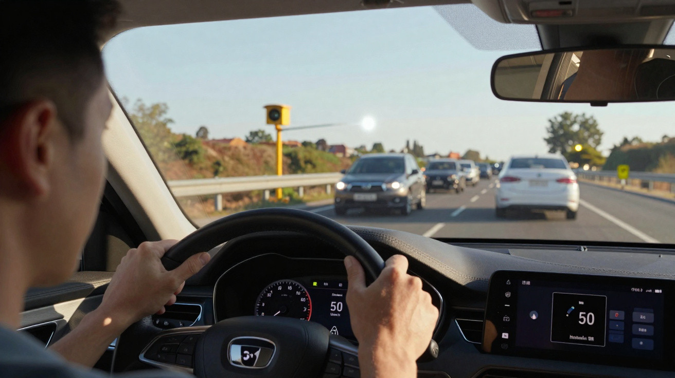 Driver holding steering wheel in car showing 50 km/h speed on dashboard and traffic ahead on a sunny day.