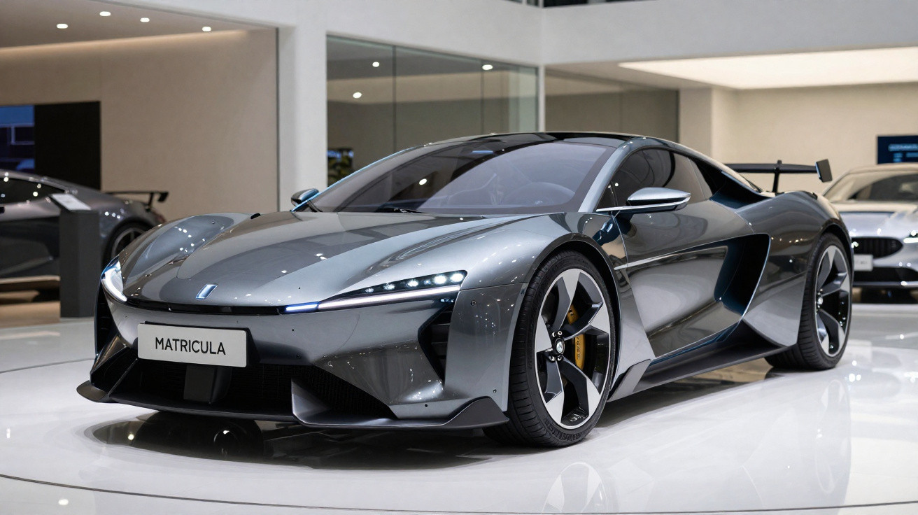 Sleek grey sports car with aerodynamic design and LED headlights displayed in a modern showroom.