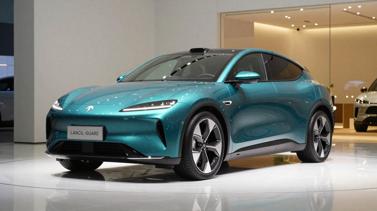 Teal electric crossover car displayed indoors with sleek headlights and aerodynamic design.