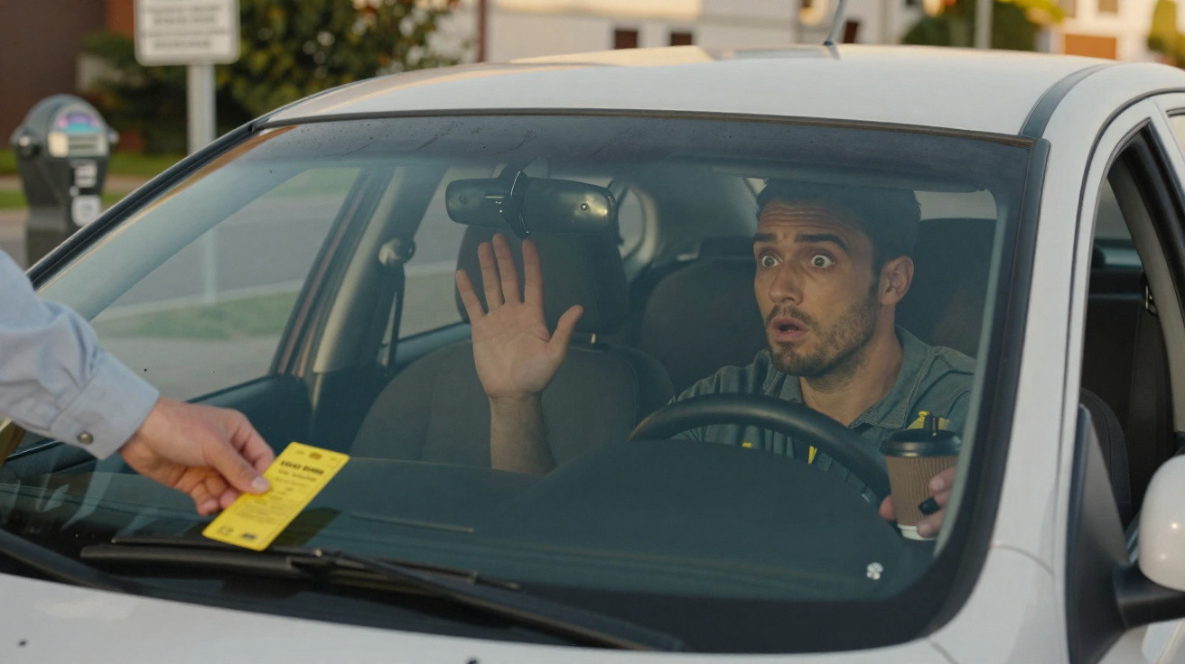 Man inside car looks surprised as officer hands him a parking ticket through the window.