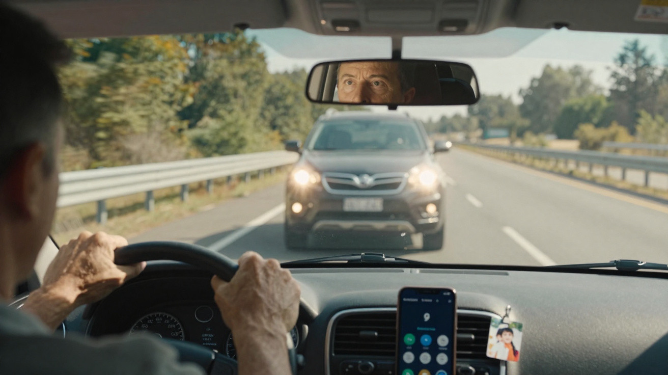 View from inside a car showing a driver’s hands on the wheel and a vehicle with headlights on approaching behind.
