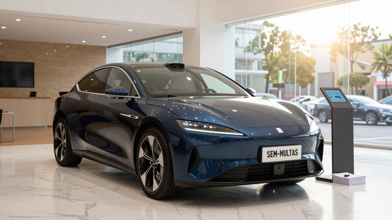 Sleek dark blue electric car displayed in a modern showroom with polished marble floors and large windows.