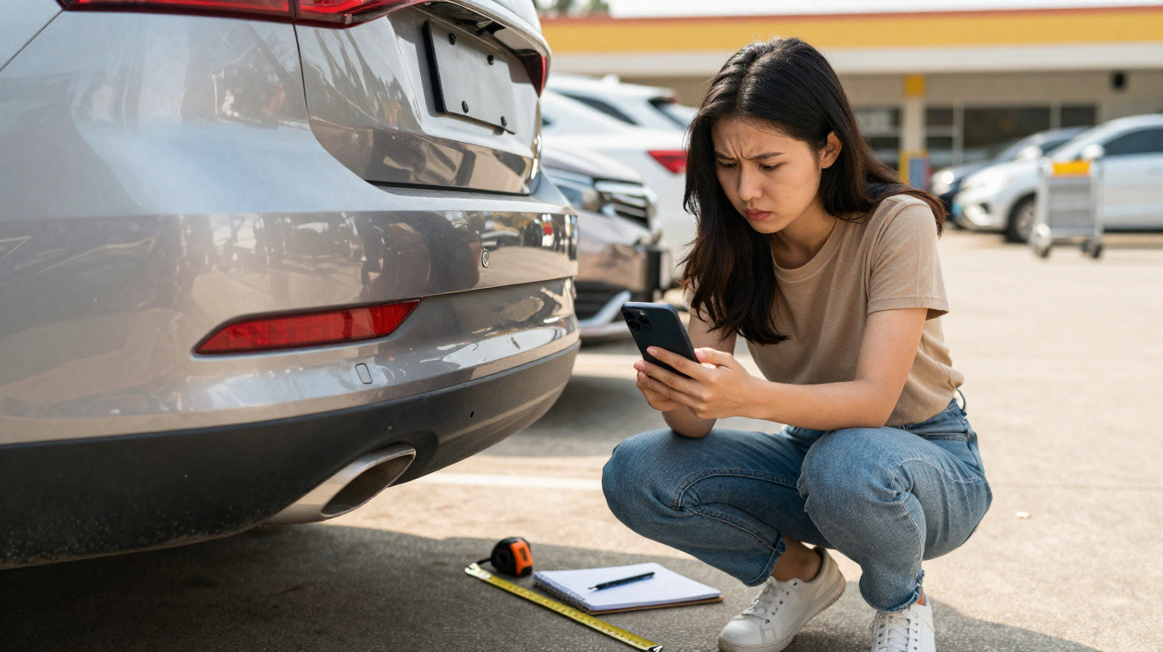 Young woman crouching near a car's rear, taking notes with a phone and notebook on the ground in a parking lot.