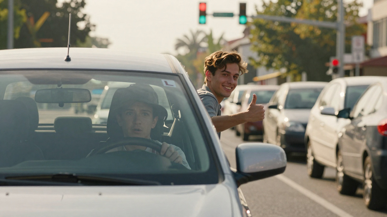 Young man with helmet driving a car while another man leans out giving a thumbs up in traffic.