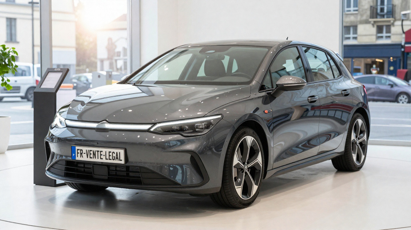 Grey electric hatchback car displayed indoors with modern design and French license plate visible.