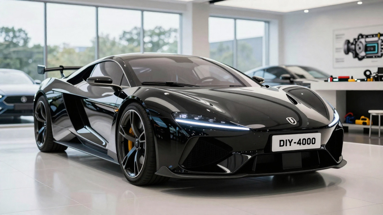 Black sleek DIY-4000 sports car with LED headlights in a glossy showroom setting.