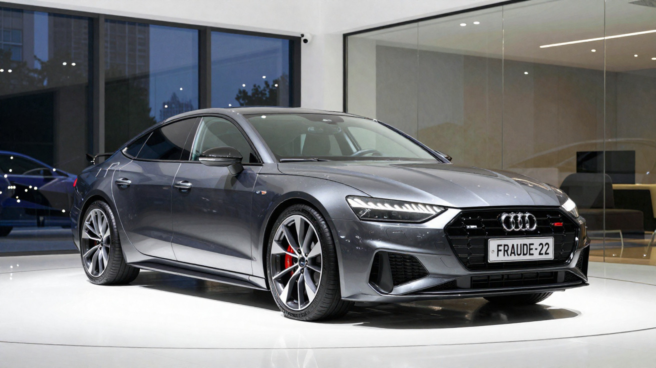Grey Audi sports sedan with red brake calipers displayed in a modern showroom with glass walls and city lights outside.