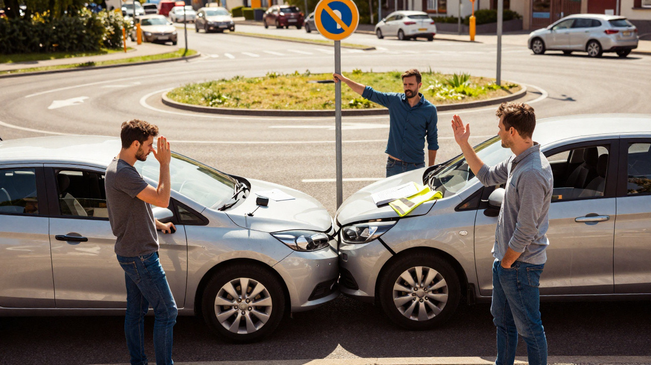Two men waving at each other after a minor car collision on a sunny day near a roundabout.