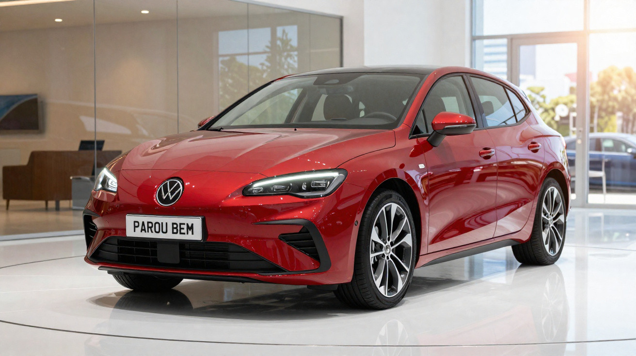 Red Volkswagen hatchback displayed indoors with sleek headlights and sporty alloy wheels.