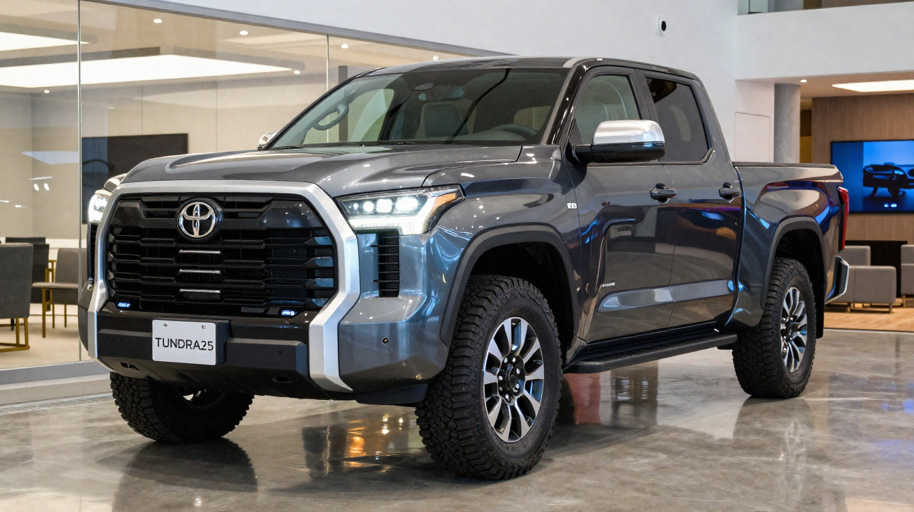 Grey Toyota Tundra pickup truck displayed indoors with modern showroom background.