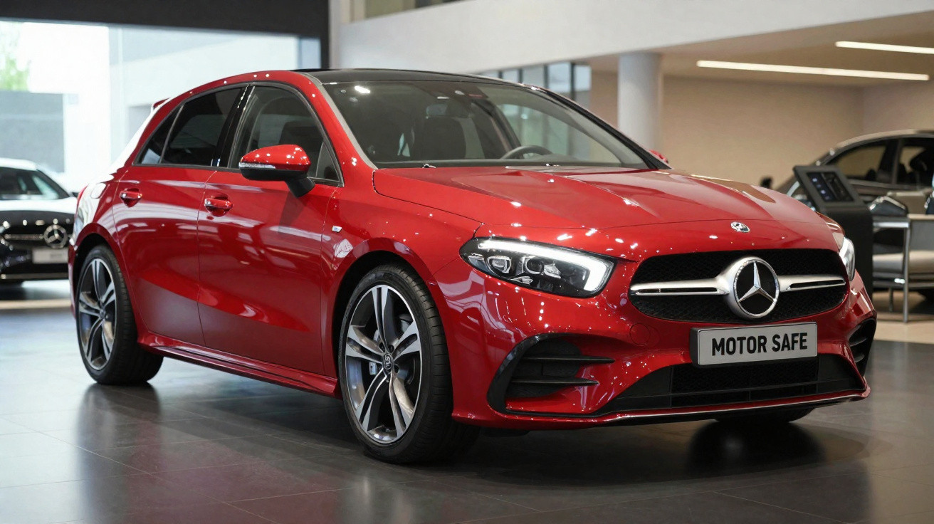 Red Mercedes-Benz hatchback car displayed in a modern showroom with polished floors and bright lighting.