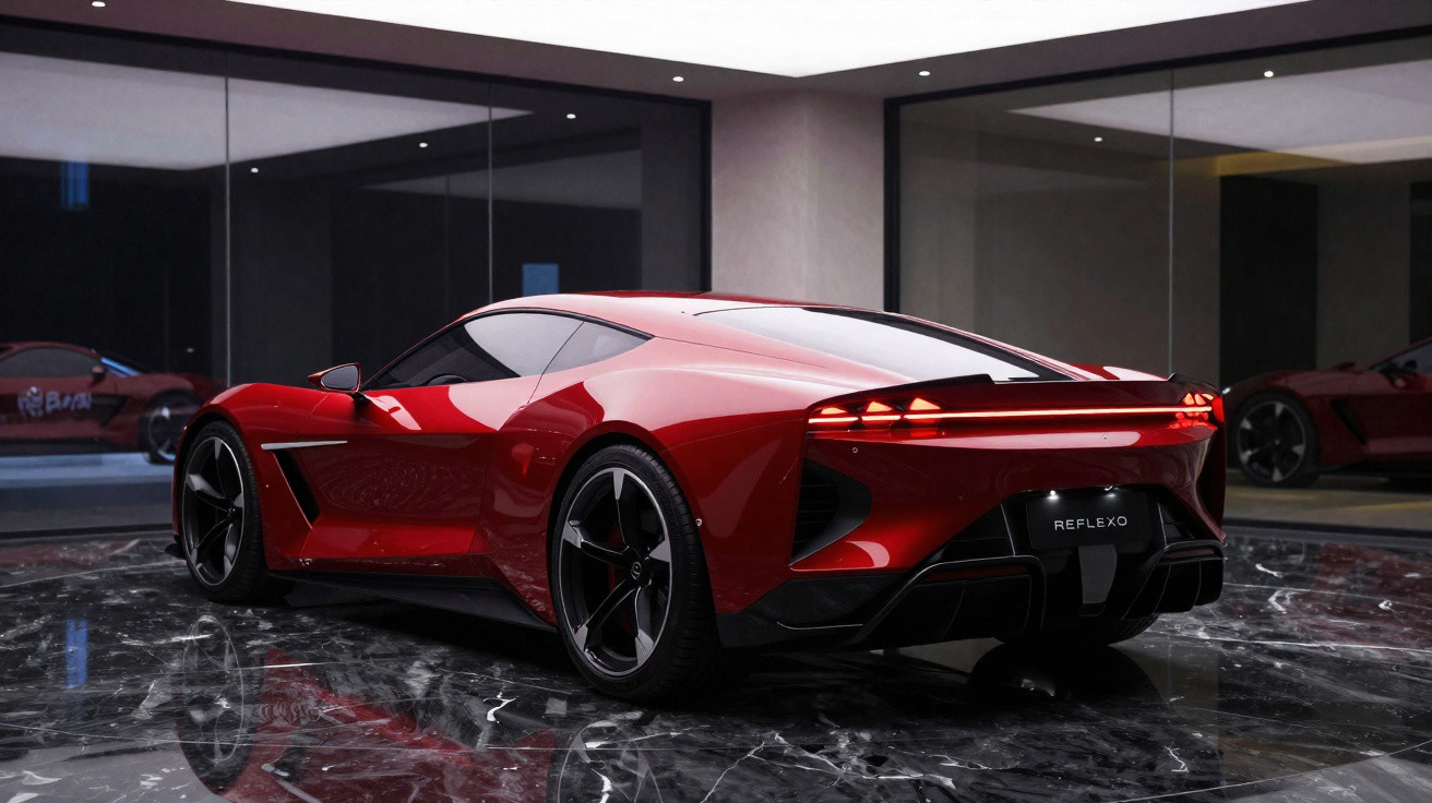 Red sleek sports car with black accents parked on polished marble floor in modern showroom with reflective glass walls.